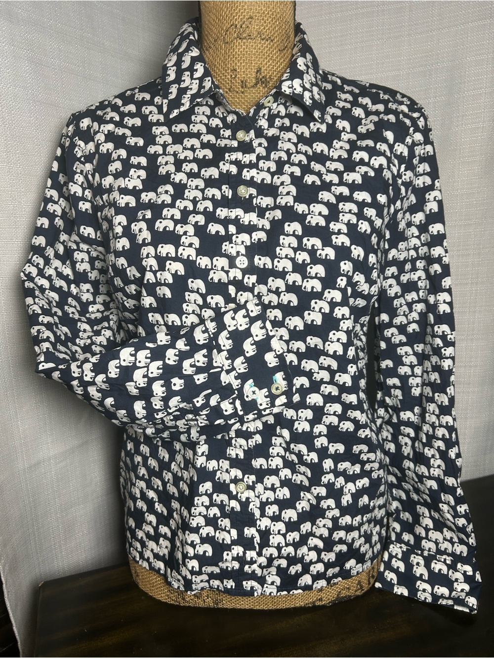 Talbots Navy and White Elephant Print Button-Down Shirt